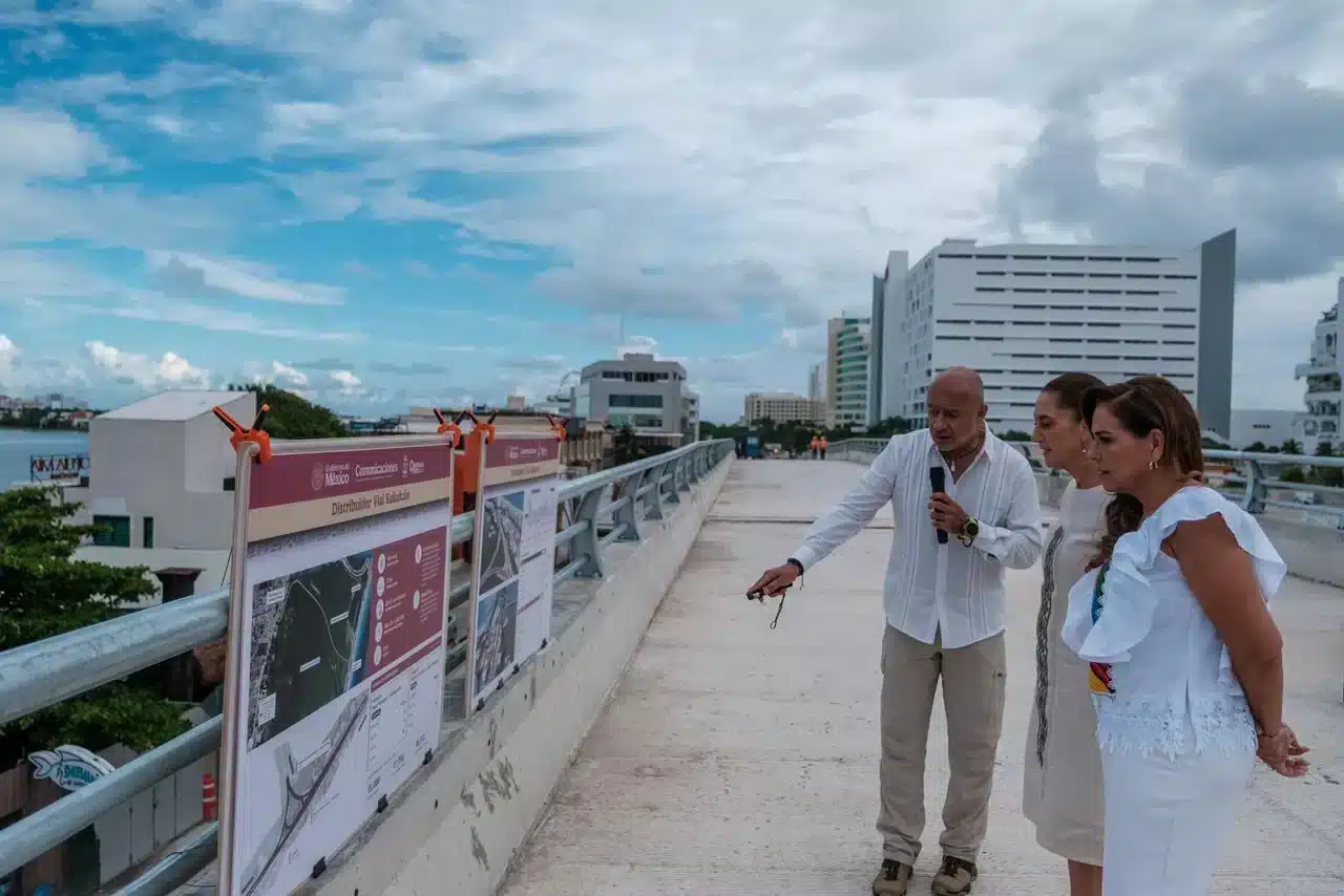 Sheinbaum y Mara Lezama supervisan distribuidor vial que conectará Puente Nichupté con zona hotelera de Cancún